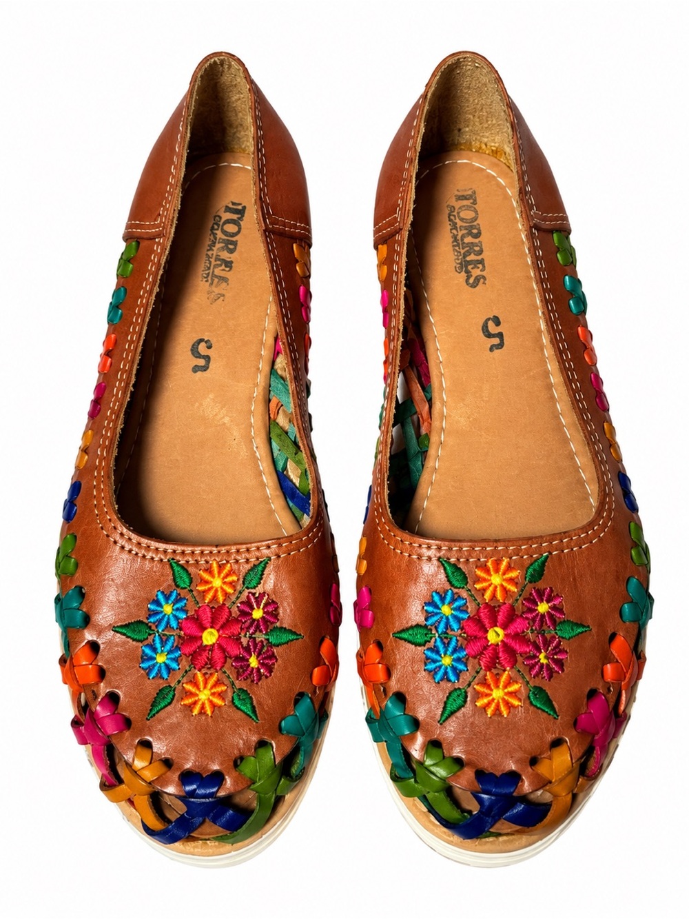 Brown Leather Floral Embroidered Flats